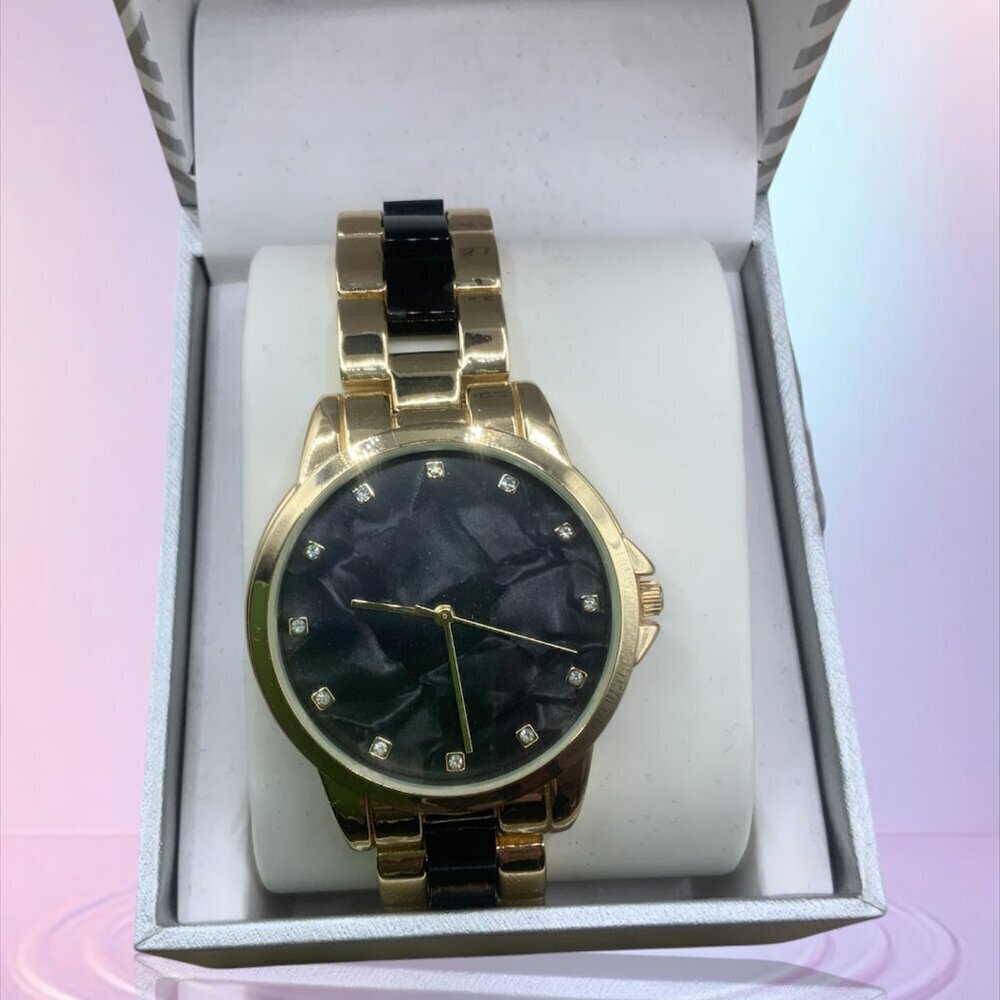 I.N.C. International Concepts Woman's Black Marble Gold Tone Watch